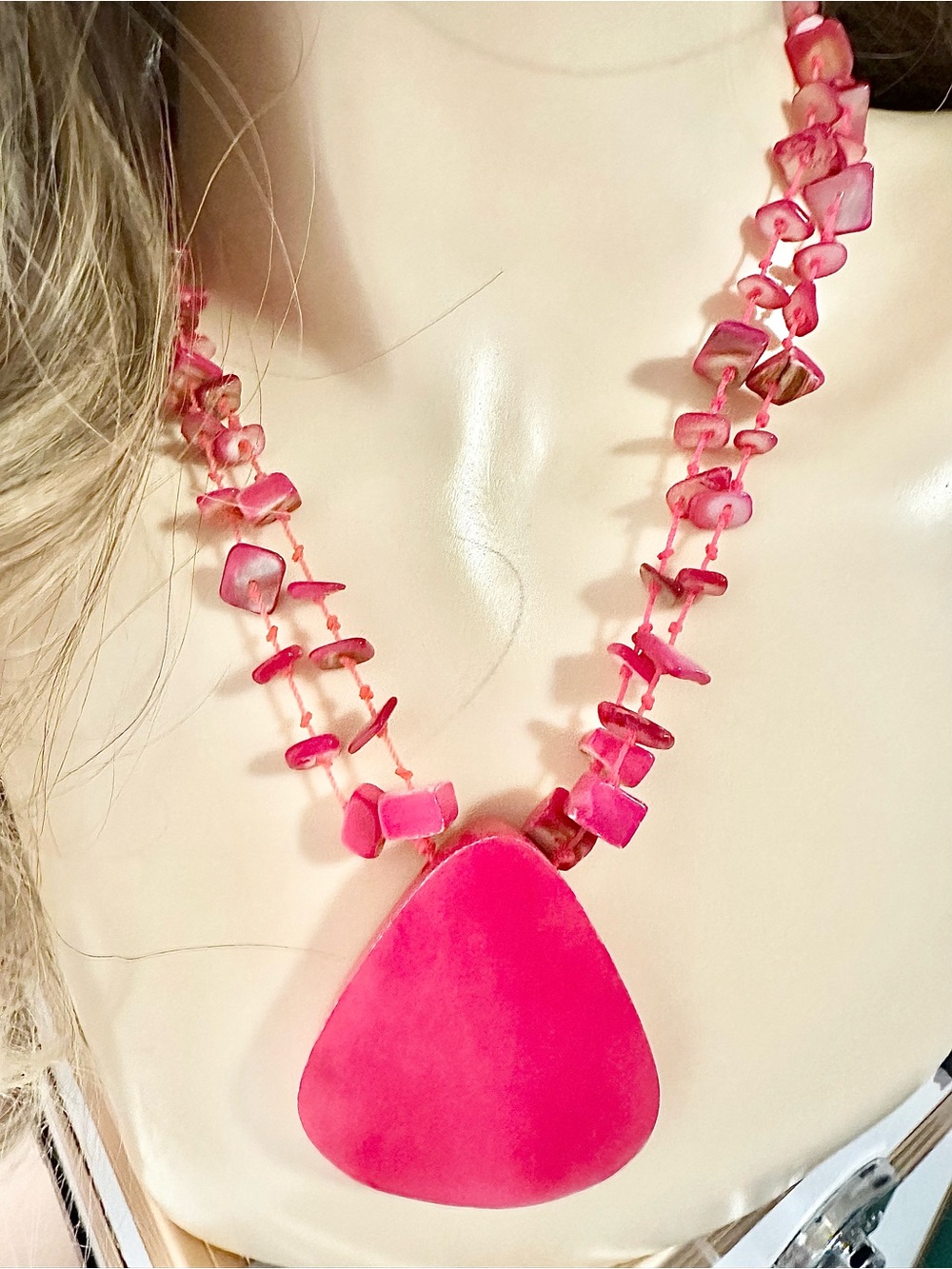 Vibrant Pink Pendant Necklace with Chip Bead Strand